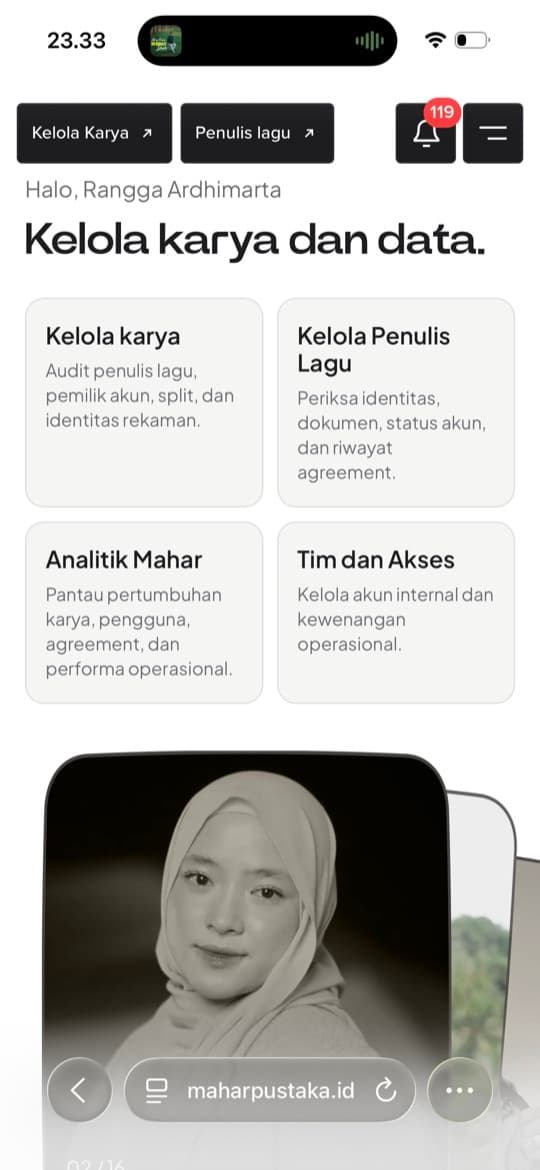 Dashboard kelola karya Mahar Pustaka pada perangkat mobile