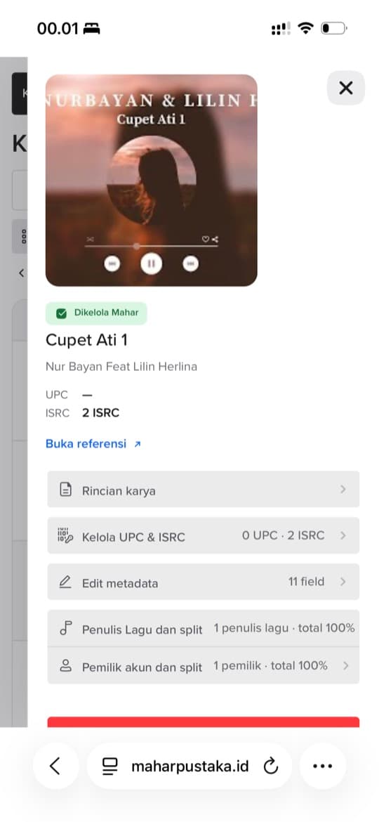 Detail metadata karya Cupet Ati pada dashboard Mahar Pustaka