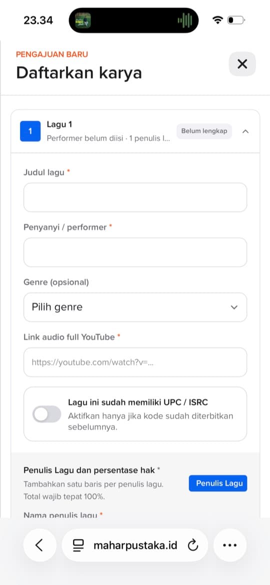 Formulir pendaftaran karya Mahar Pustaka pada perangkat mobile