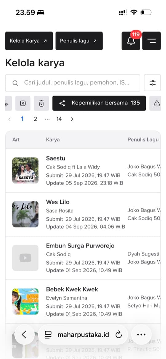 Tampilan kelola karya Mahar Pustaka pada perangkat mobile