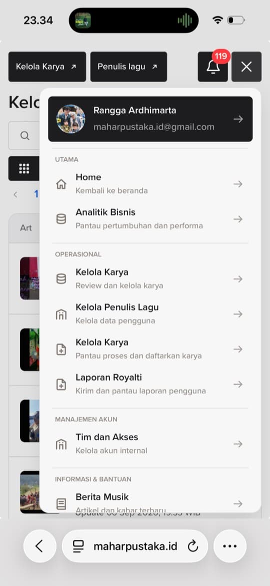 Menu navigasi dashboard Mahar Pustaka pada perangkat mobile